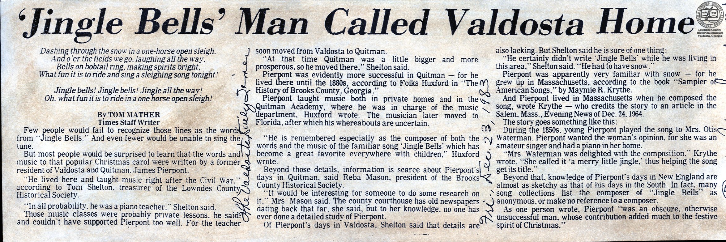 Article from the Valdosta Daily Times describing Pierpont's time in Valdosta.  From the Lowndes County Historical Museum's Susie McKey Thomas Newspaper Clippings Archives.