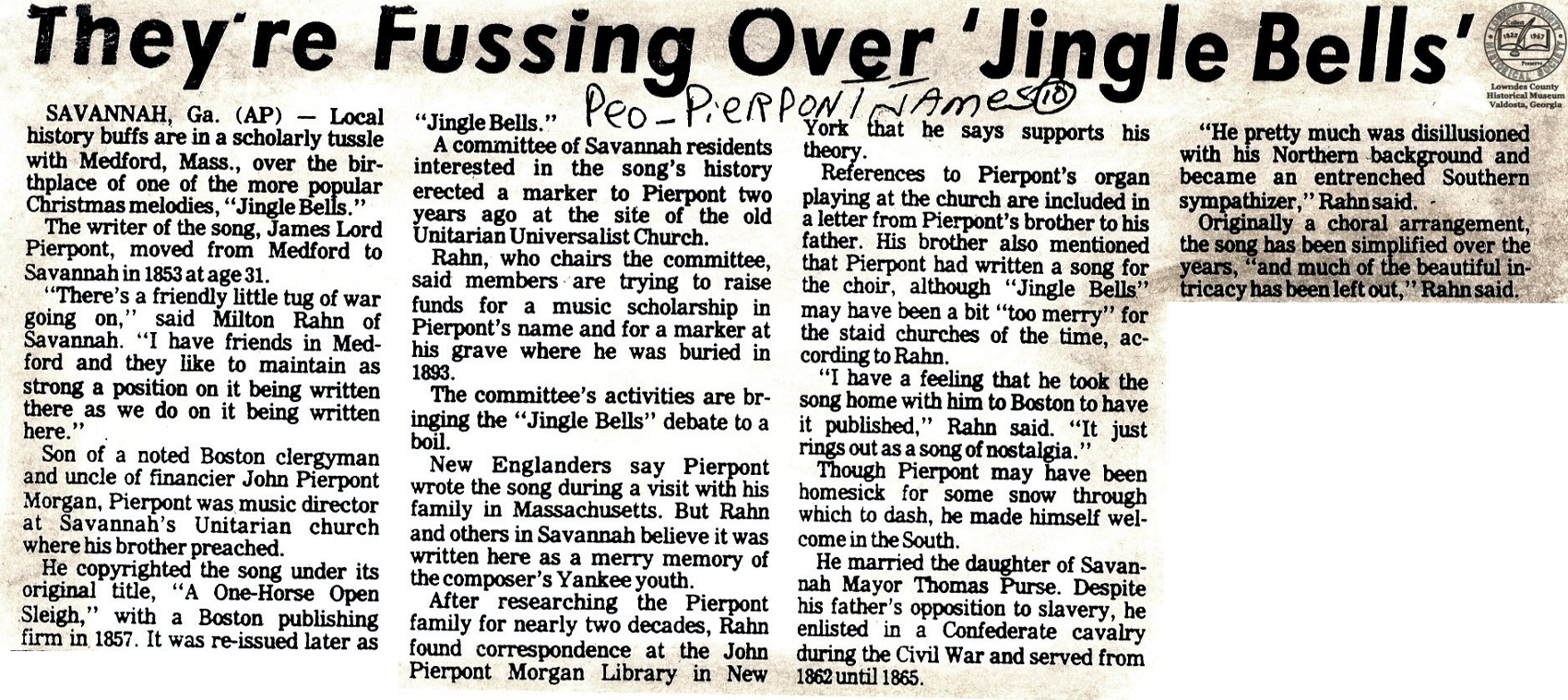 Article describing the issue over the origin of "Jingle Bells" from the Lowndes County Historical Museum's Susie McKey Thomas Newspaper Clipping Collection