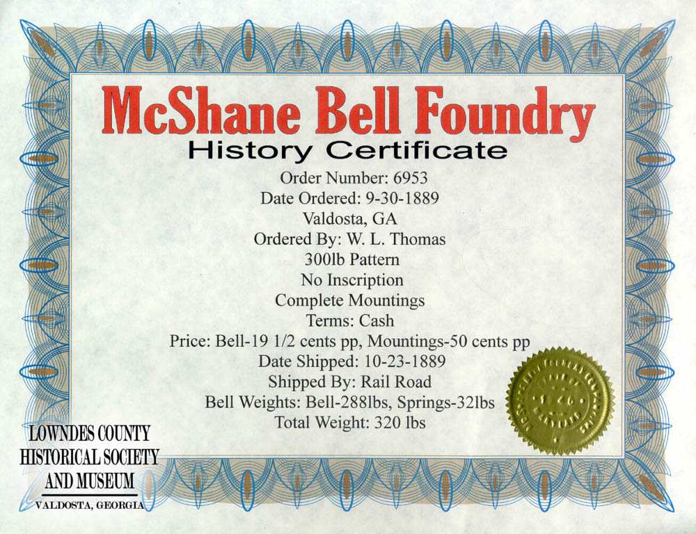 Certificate from McShane Bell Foundry